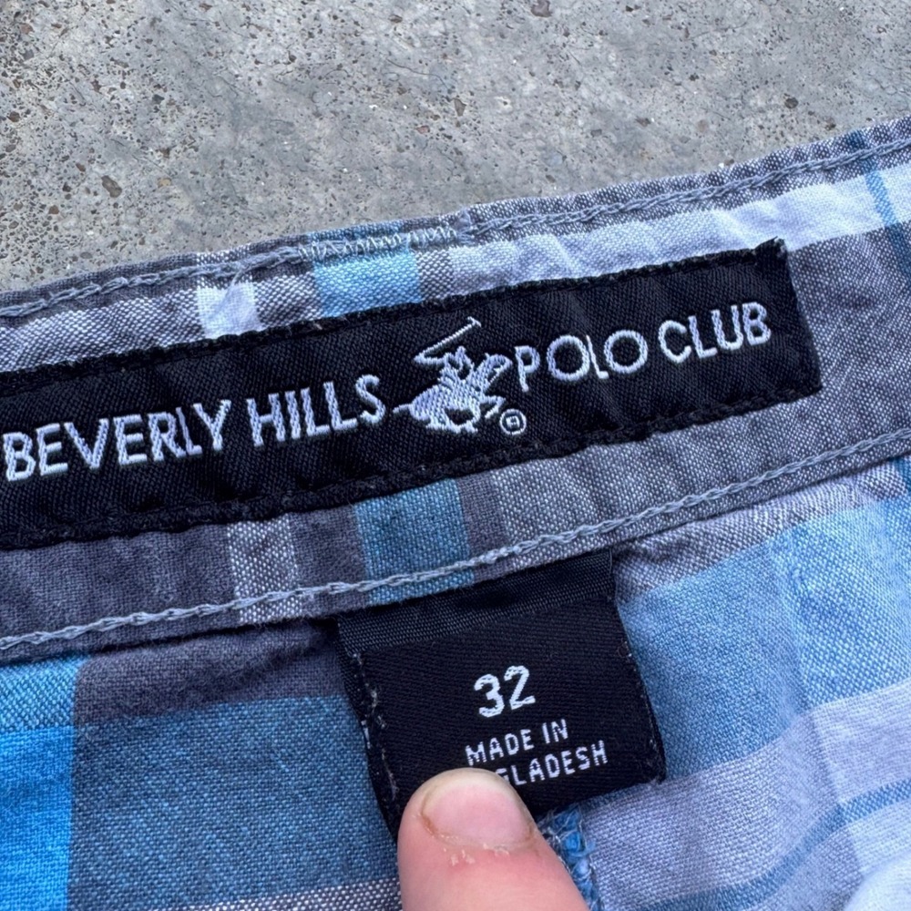 Vintage Y2K Beverly Hills Polo Club Cargo Shorts Plaid Baggy Blue 32 (f7) - Picture 2 of 6